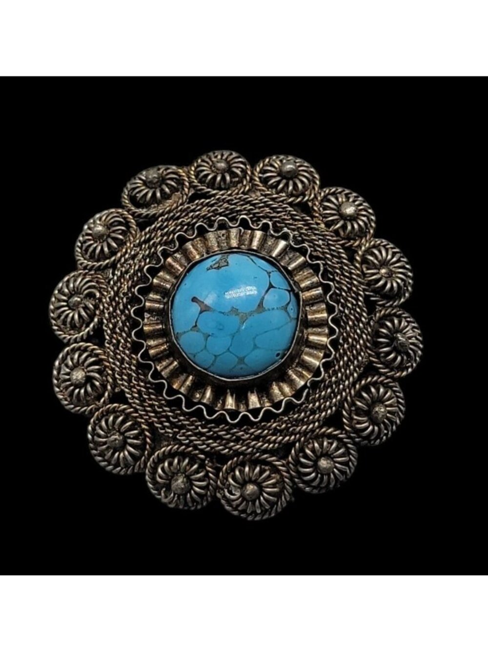 Faux Turquoise Silver Plated Brooch Pendant Blue Glass Filigree Setting Vintage - Picture 2 of 16